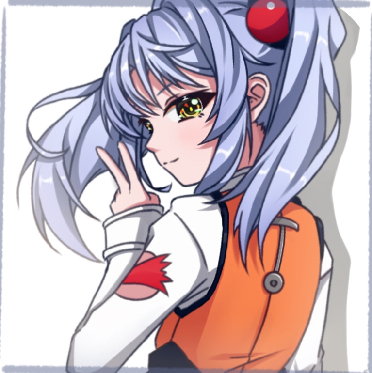 1girl, border, closed_mouth, floating_hair, from_behind, grey_border, grey_hair, hair_ornament