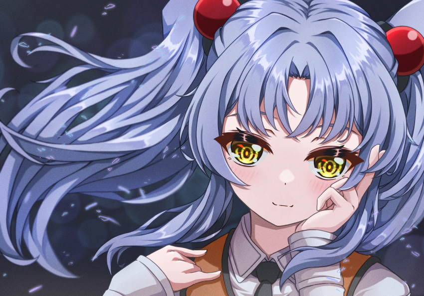 1girl, black_necktie, blush, closed_mouth, collared_shirt, floating_hair, grey_hair, hair_intakes