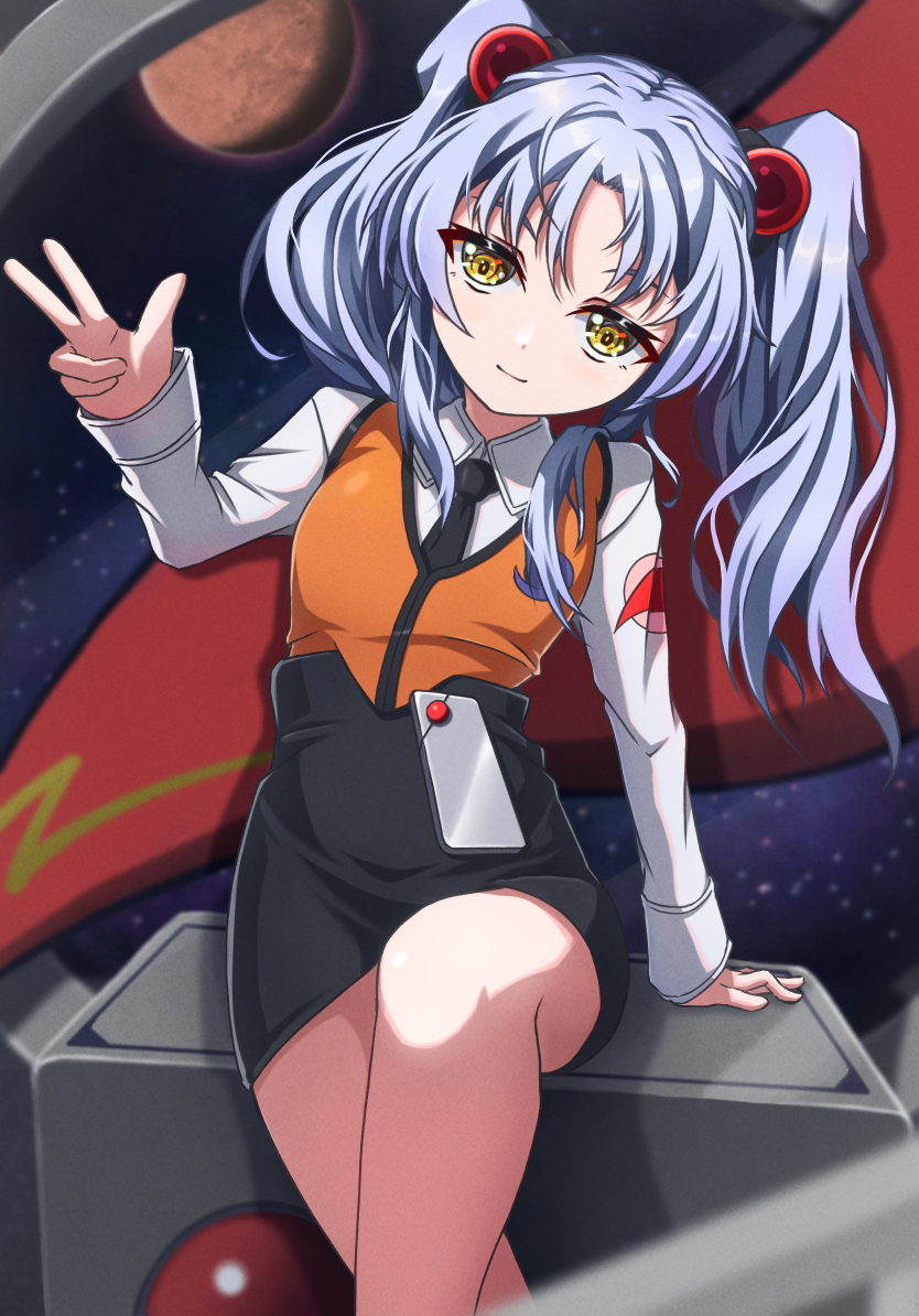 1girl, black_necktie, black_skirt, closed_mouth, collared_shirt, floating_hair, grey_hair, hair_ornament, head_tilt, hoshino_ruri, kidou_senkan_nadesico, long_hair, long_sleeves, looking_at_viewer, miniskirt, necktie, orange_vest, pencil_skirt, ru-ha, shiny, shiny_hair, shirt, sitting, skirt, smile, solo, twintails, uniform, very_long_hair, vest, w, white_shirt, wing_collar, yellow_eyes