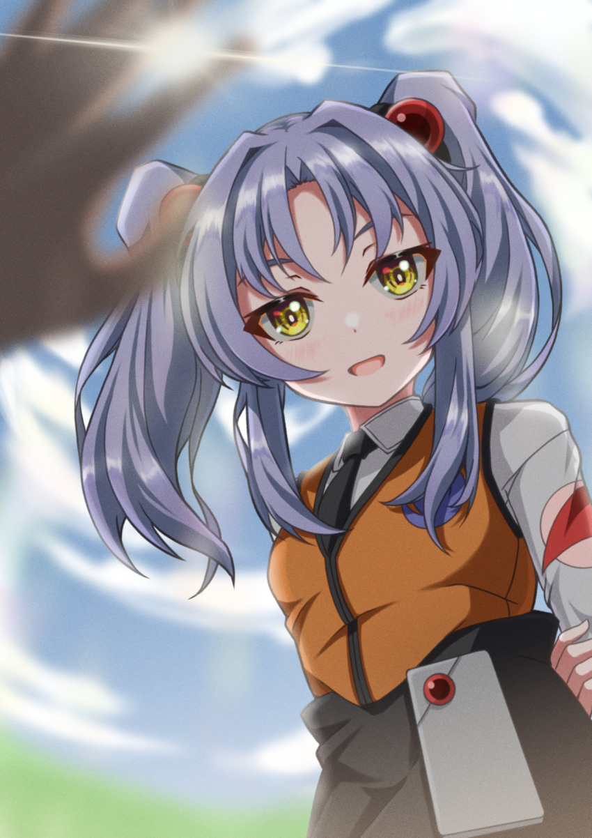1girl, :d, arms_behind_back, black_necktie, black_skirt, blurry, blurry_foreground, blush