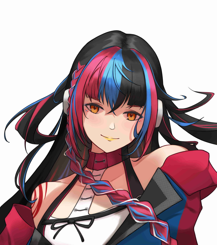 1girl, absurdres, aweiwei1998, black_hair, black_ribbon, blue_hair, braid, closed_mouth, collarbone, floating_hair, harusaruhi, headphones, highres, kamitsubaki_studio, looking_at_viewer, makeup, mascara, multicolored_hair, redhead, ribbon, shiny, shiny_hair, simple_background, single_braid, smile, solo, upper_body, virtual_youtuber, white_background, yellow_eyes