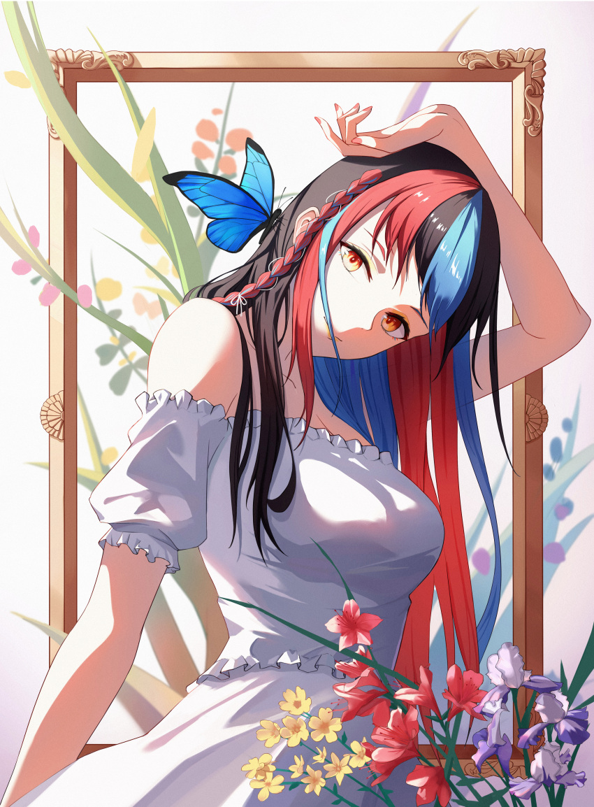 1girl, absurdres, aweiwei1998, black_hair, blue_hair, braid, breasts, bug