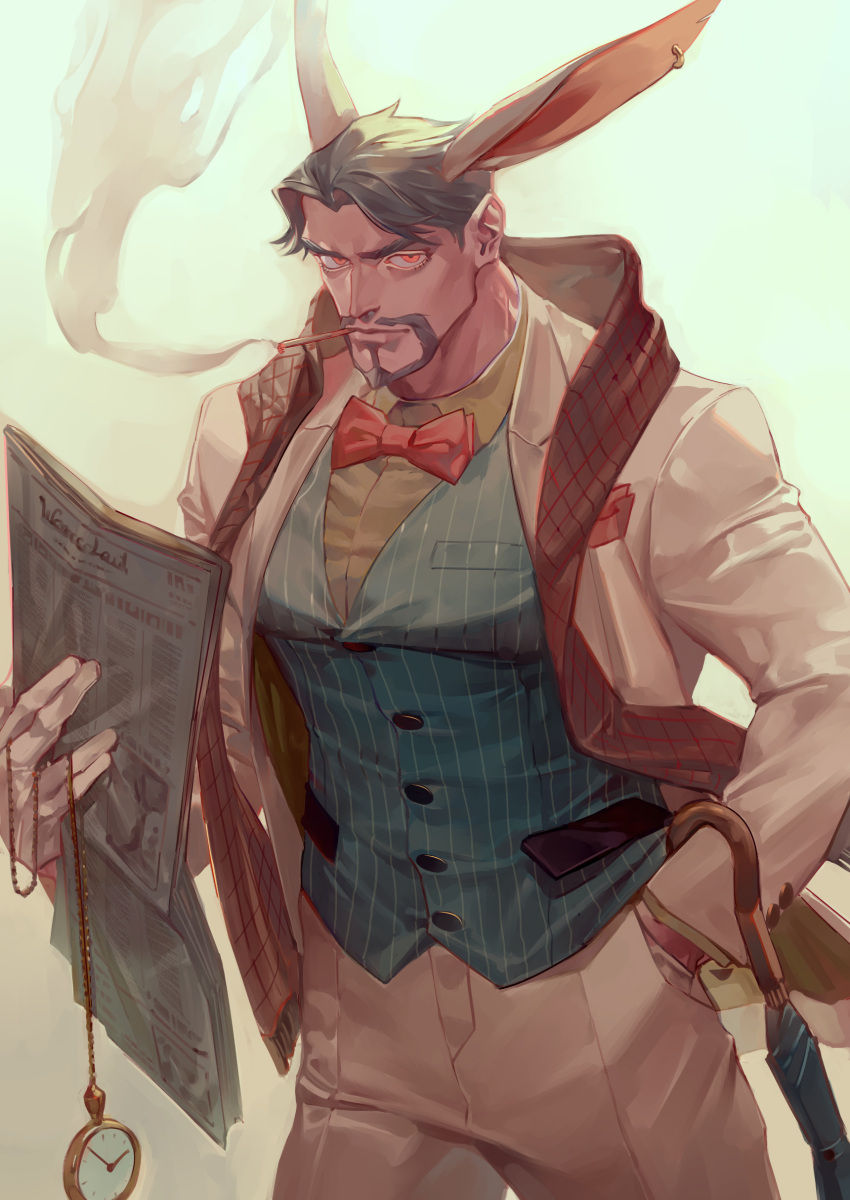 1boy, absurdres, animal_ears, beard, black_hair, bow, bowtie, cigarette, clock, coat, collared_coat, collared_shirt, ear_piercing, earrings, facial_hair, gloves, hand_in_pocket, highres, jewelry, looking_at_viewer, male_focus, manly, mature_male, muscular, muscular_male, newspaper, open_clothes, open_coat, original, pants, piercing, rabbit_ears, reisei_zero, scarf, shirt, short_hair, simple_background, smoke, smoking, solo, tight, umbrella, white_background, yellow_eyes