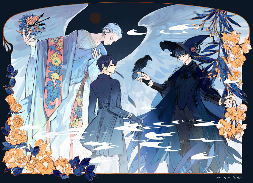 3boys, absurdres, amon_(lord_of_the_mysteries), angel, angel_wings, bangs, belt, bird