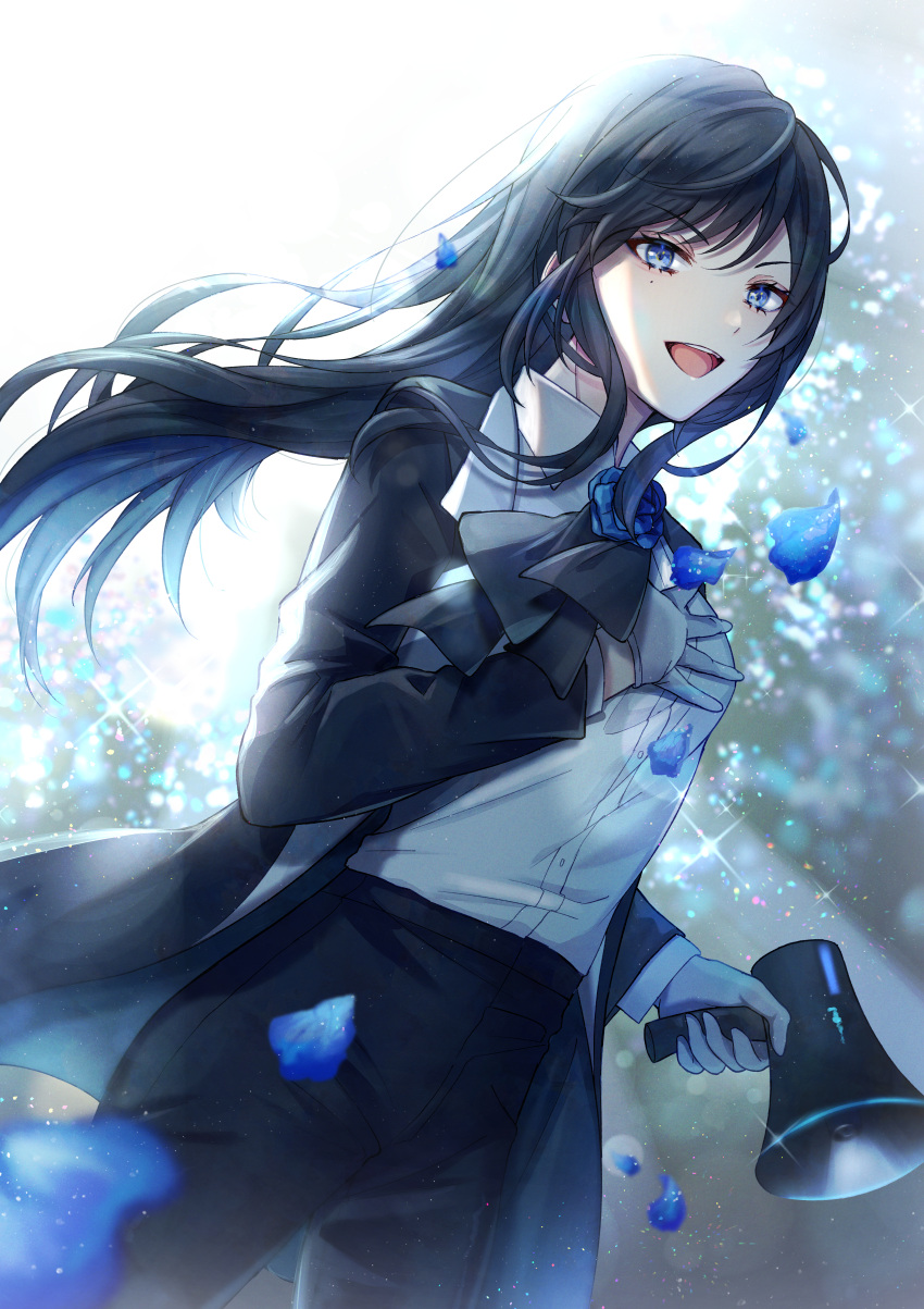 1girl, absurdres, ado_(singer), backlighting, bangs, black_hair, black_pants, blue_eyes