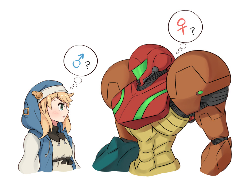 2girls, ?, abs, androgyne_symbol, arm_cannon, armor, blonde_hair, bridget_(guilty_gear)