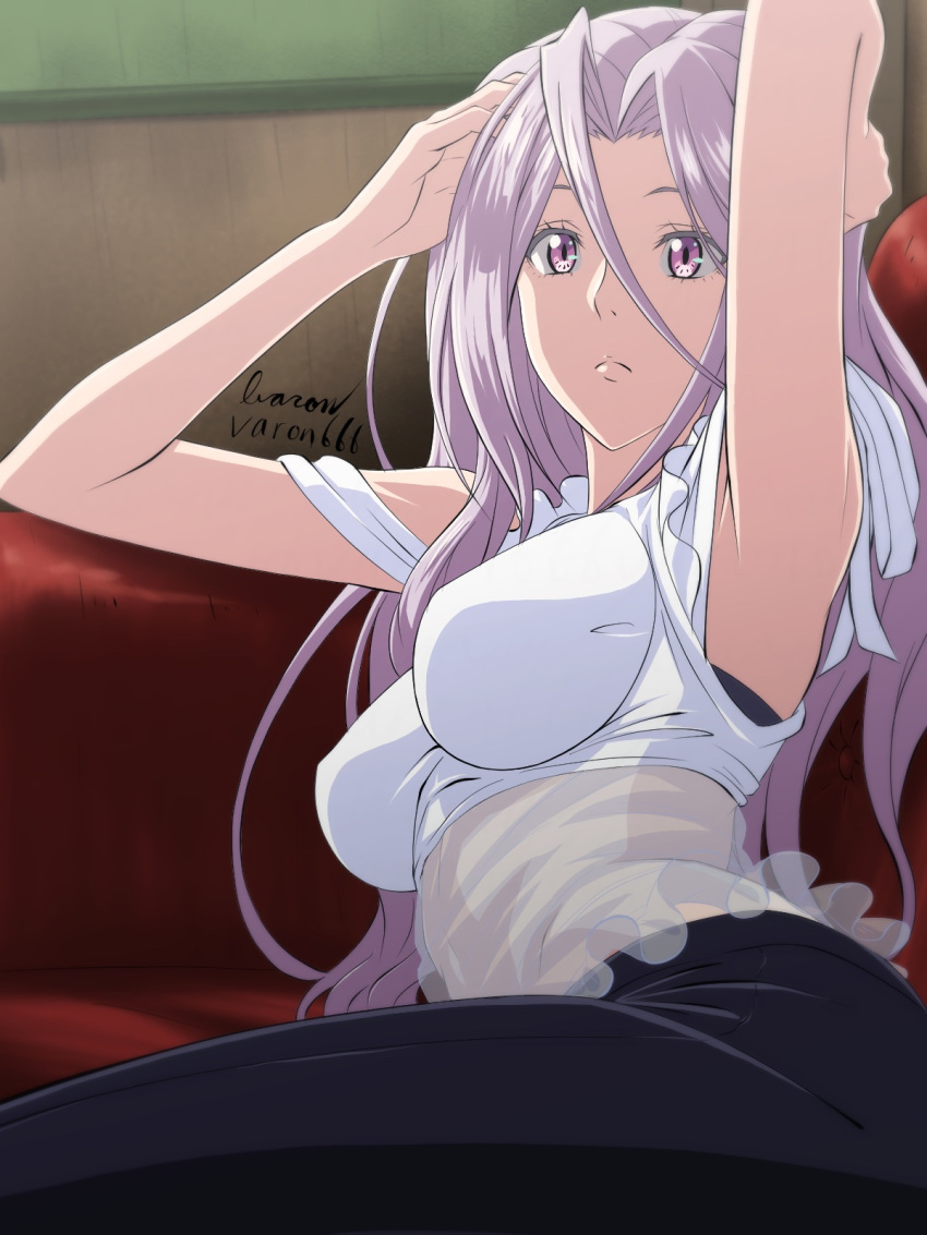 1girl, arms_up, baron_(varon666), black_pants, breasts, closed_mouth, frilled_shirt, frills