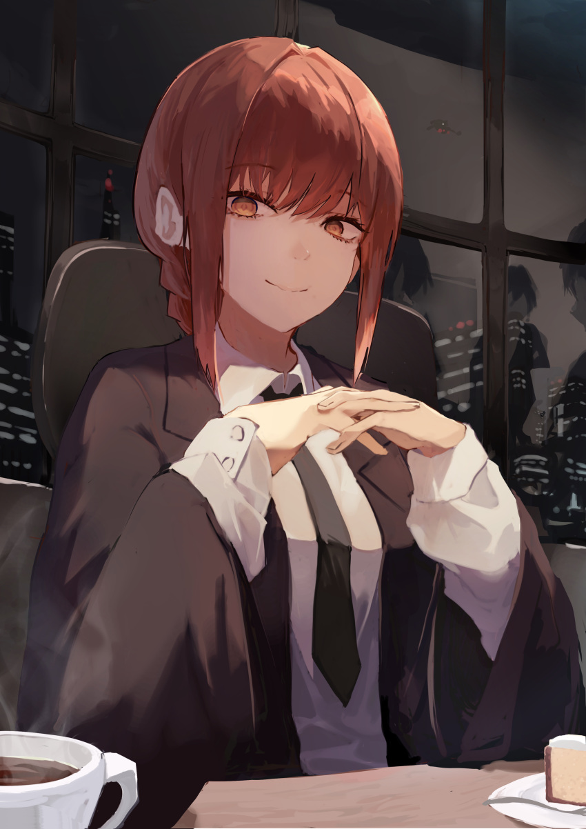 1girl, absurdres, black_necktie, braid, brown_eyes, business_suit, chainsaw_man, chair