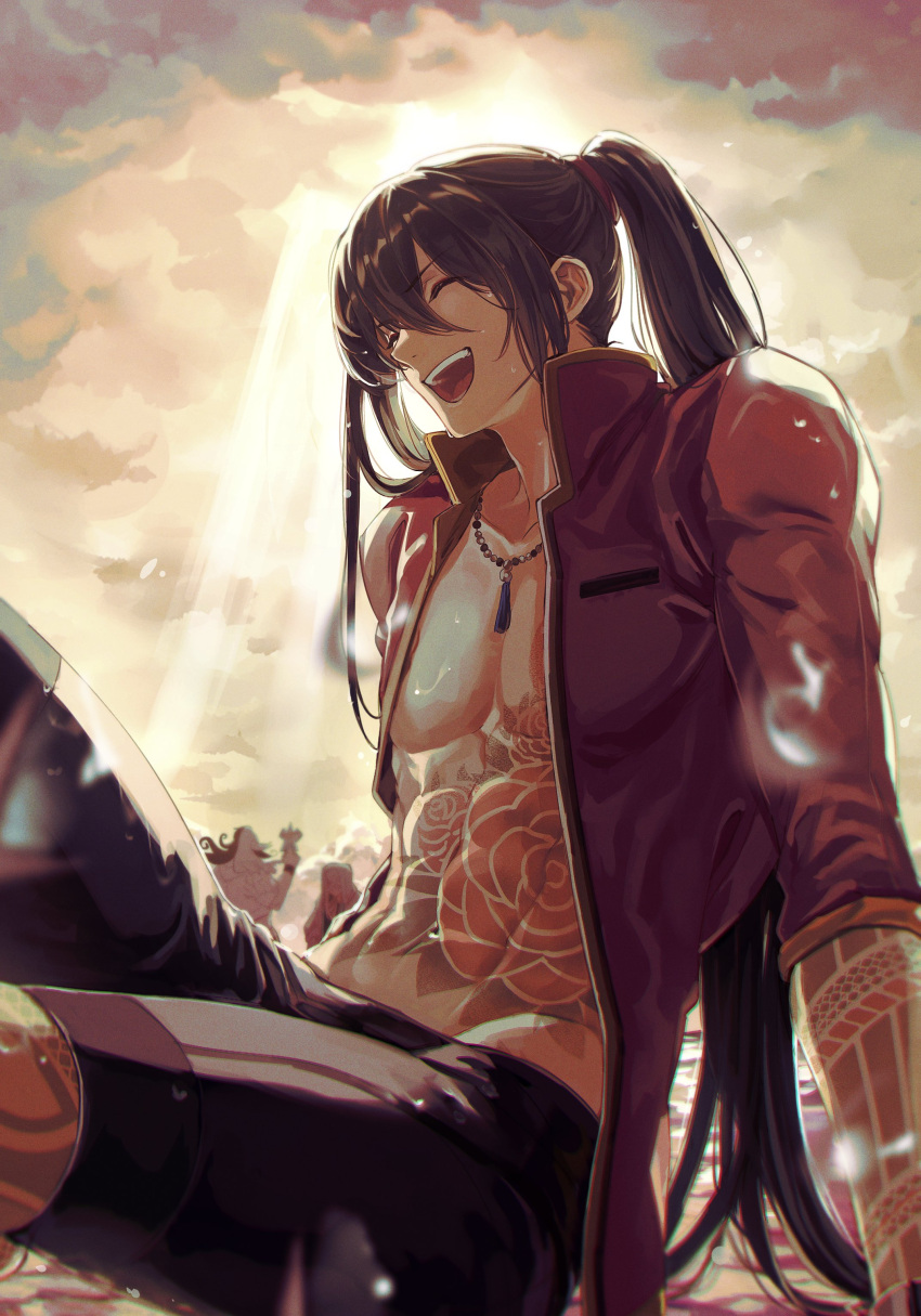 2gou, 3boys, ^_^, ^o^, abs, absurdres, alternate_hairstyle, asclepius_(fate), asclepius_(summer_rescue)_(fate), ashiya_douman_(asagao-patterned_yukata)_(fate), ashiya_douman_(fate), bangs, black_hair, black_leggings, black_male_swimwear, chain_necklace, closed_eyes, commentary_request, dragon_tattoo, fate/grand_order, fate_(series), flower_tattoo, full-body_tattoo, green_eyes, hair_between_eyes, highres, jacket, jewelry, leggings, long_hair, long_sleeves, male_focus, male_swimwear, multiple_boys, necklace, official_alternate_costume, open_clothes, pearl_necklace, ponytail, red_jacket, sitting, smile, solo_focus, sunlight, swim_trunks, tattoo, teeth, toned, toned_male, upper_teeth, very_long_hair, yan_qing_(fate), yan_qing_(training_wear)_(fate)