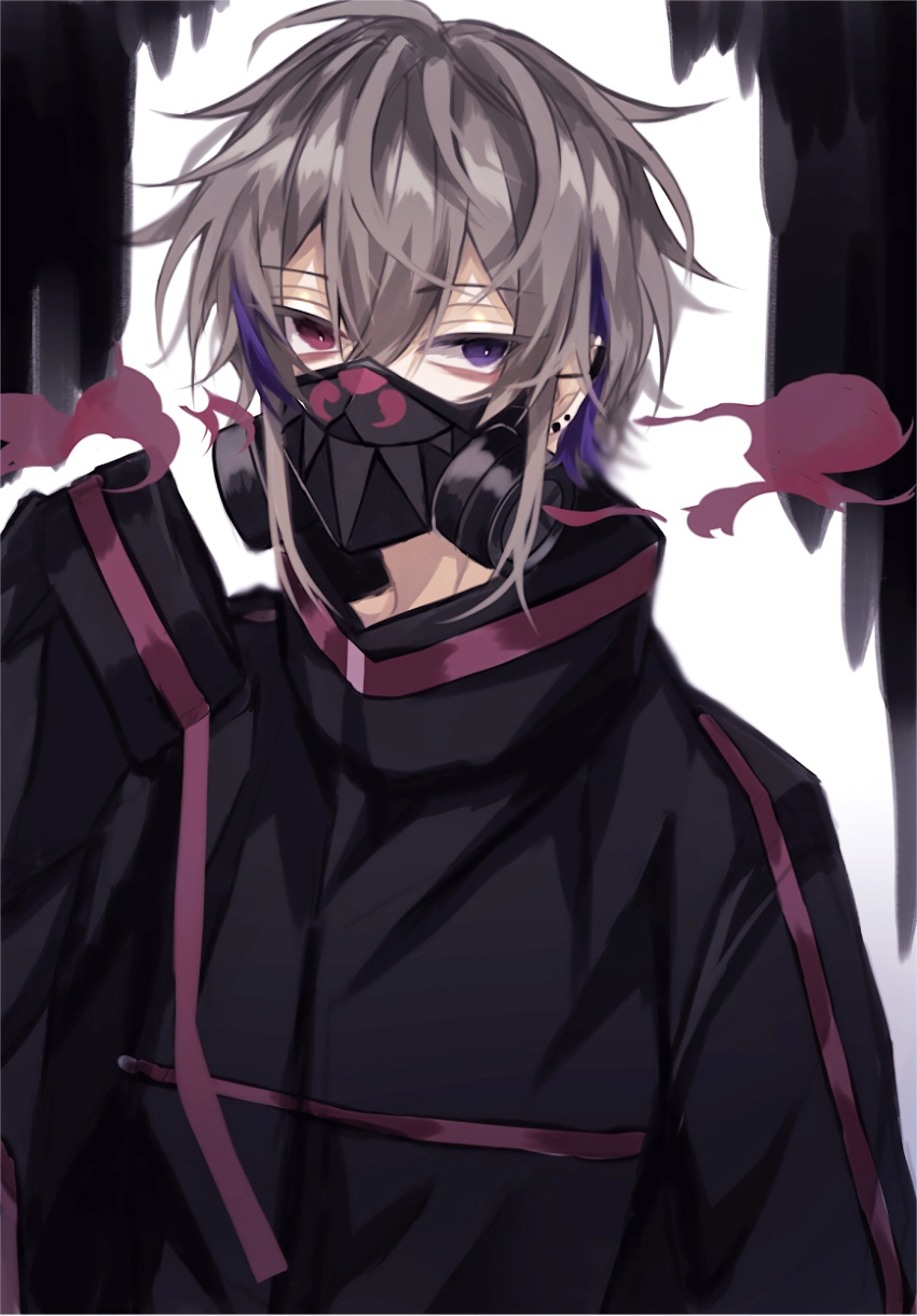 1boy, 90_cis, black_background, brown_hair, ear_piercing, gas_mask, heterochromia, highres, jacket, long_sleeves, looking_at_viewer, male_focus, mask, multicolored_background, multicolored_hair, original, piercing, purple_hair, red_eyes, short_hair, solo, violet_eyes, white_background