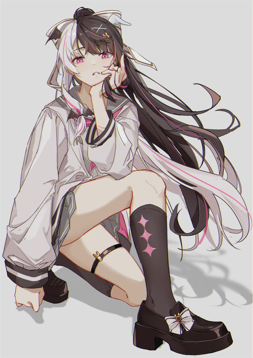 1girl, bangs, black_footwear, black_hair, cardigan, commentary, floating_hair, footwear_ribbon