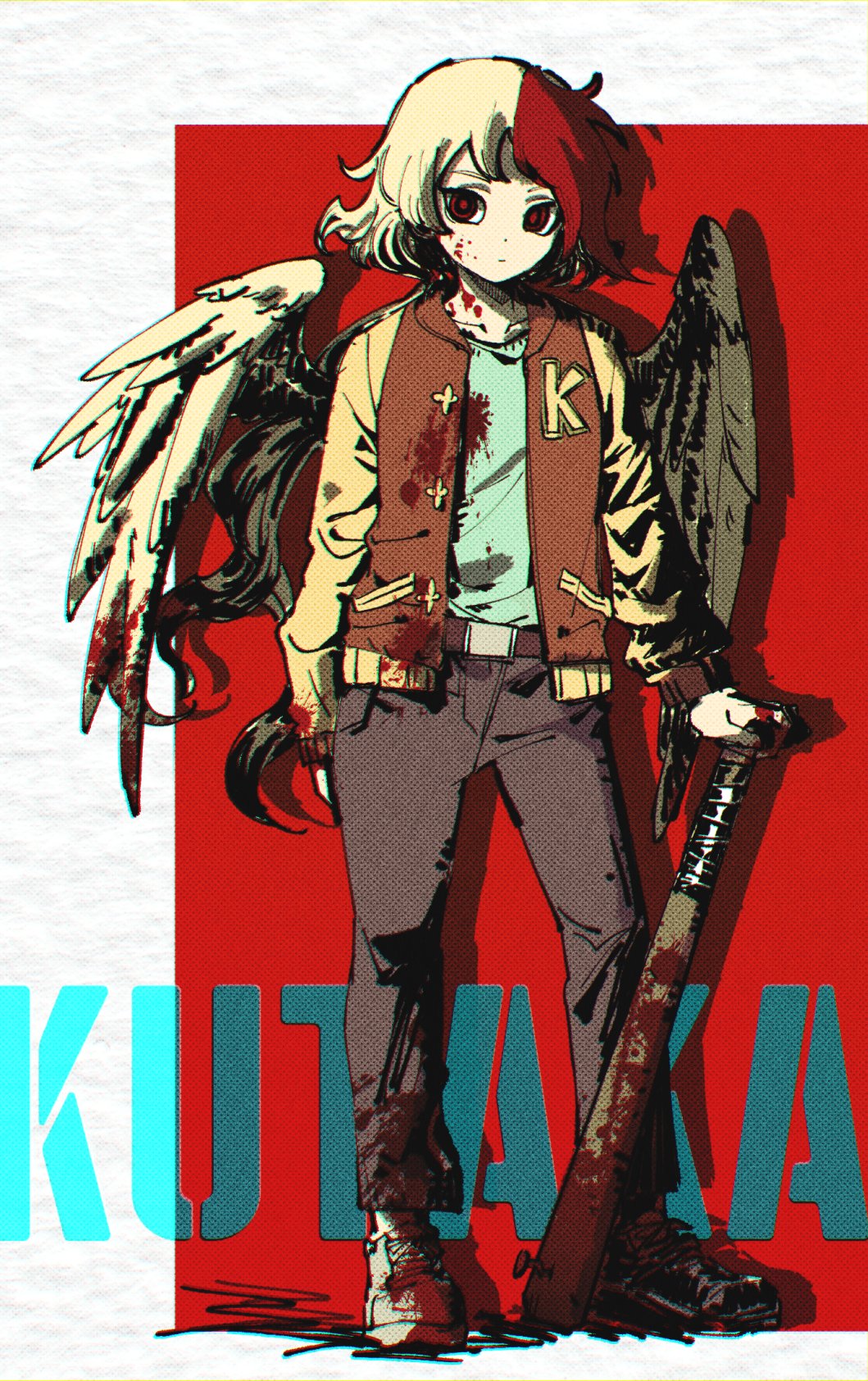 1girl, alternate_costume, aqua_shirt, bangs, baseball_bat, belt, bird_tail, bird_wings