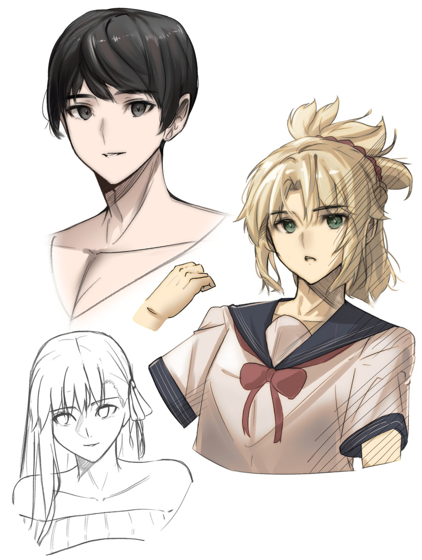 2girls, bare_shoulders, black_eyes, black_hair, blonde_hair, bow, code_nt, collarbone