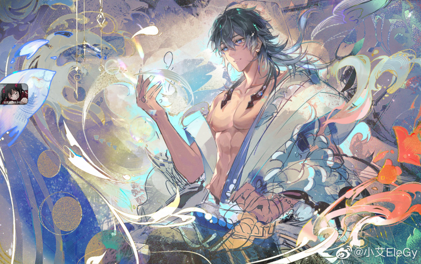 1boy, ahoge, bare_pectorals, bishounen, blue_eyes, dark-skinned_male, dark_skin, green_hair, hair_between_eyes, highres, hua_yi_shan_xin_zhi_yue, male_focus, pectoral_cleavage, pectorals, revealing_clothes, solo, upper_body, xia_tai, xiao_ai_elegy