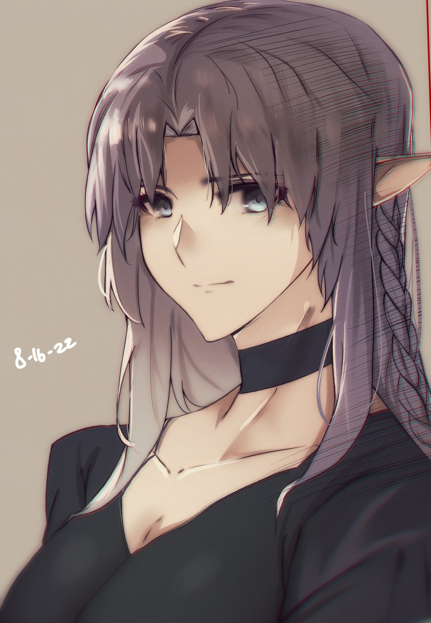1girl, 2022, absurdres, blue_eyes, braid, code_nt, collarbone, dated, fate_(series), highres, long_hair, looking_to_the_side, medea_(fate), pointy_ears, purple_hair, simple_background, solo