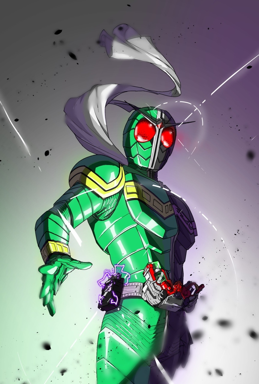 blurry, blurry_background, building, city, full_moon, fuuto_tantei, gling, highres, kamen_rider, kamen_rider_double, kamen_rider_w, pointing, rider_belt, scarf, wind, wind_turbine