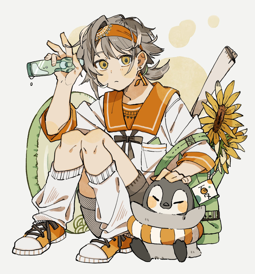 1boy, bandana, bird, bottle, breast_pocket, commentary, earrings, flower