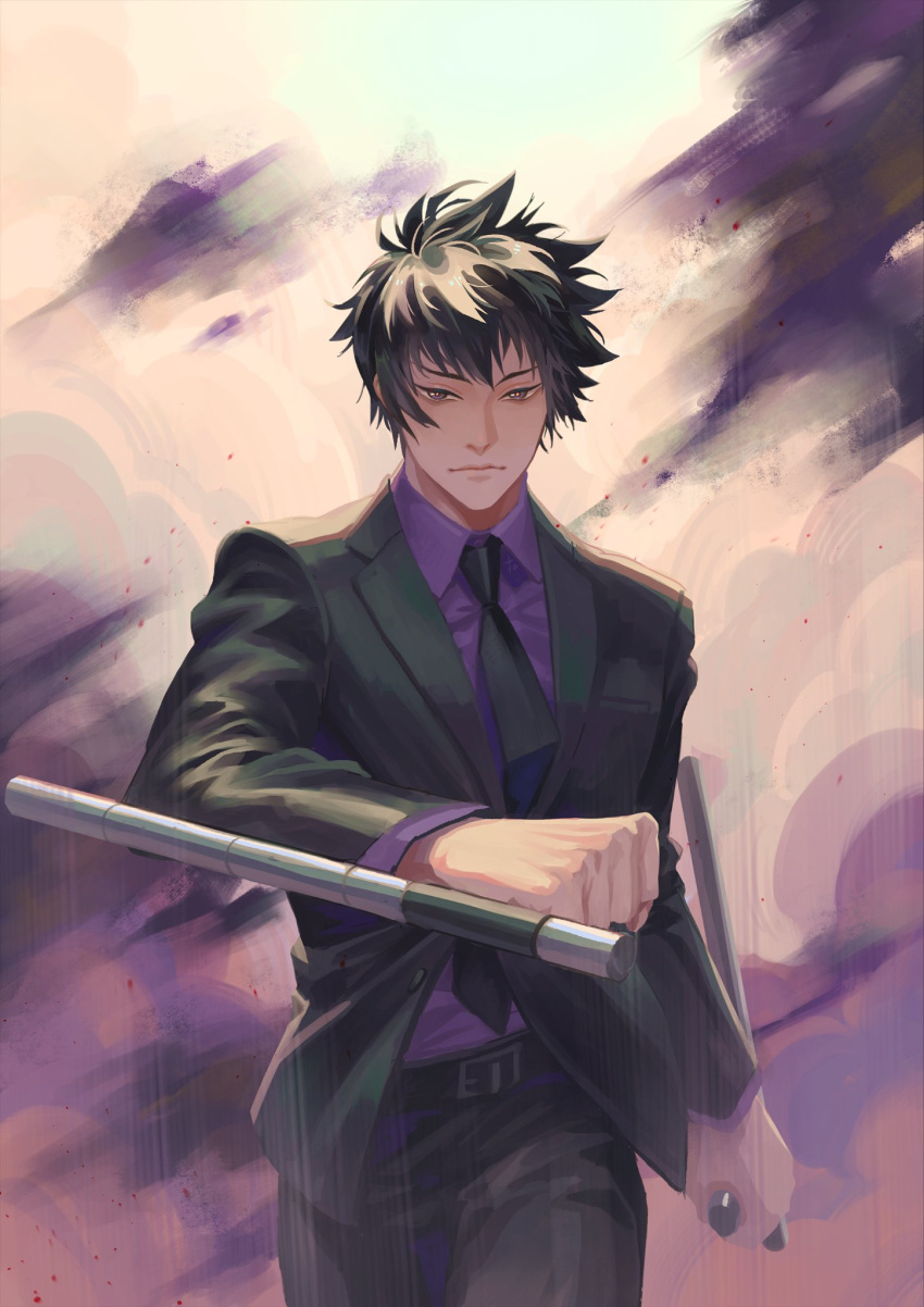 1boy, belt, belt_buckle, black_jacket, black_necktie, black_pants, black_suit, buckle