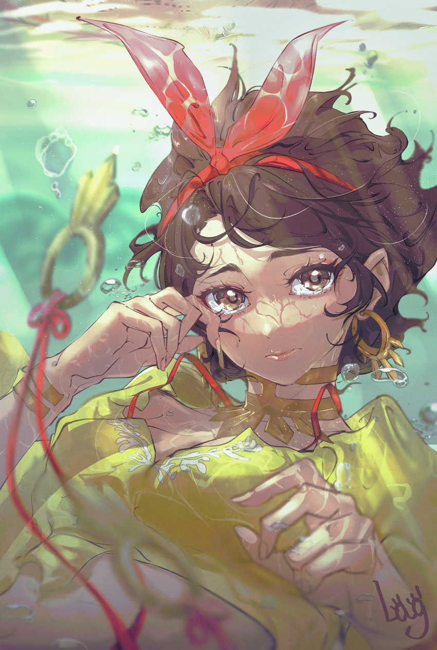 1girl, absurdres, bow_hairband, bracelet, breasts, brown_eyes, brown_hair, bubble