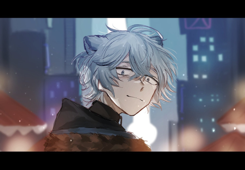 1boy, animal_ears, arknights, bags_under_eyes, bear_boy, bear_ears, bishounen, black_shirt