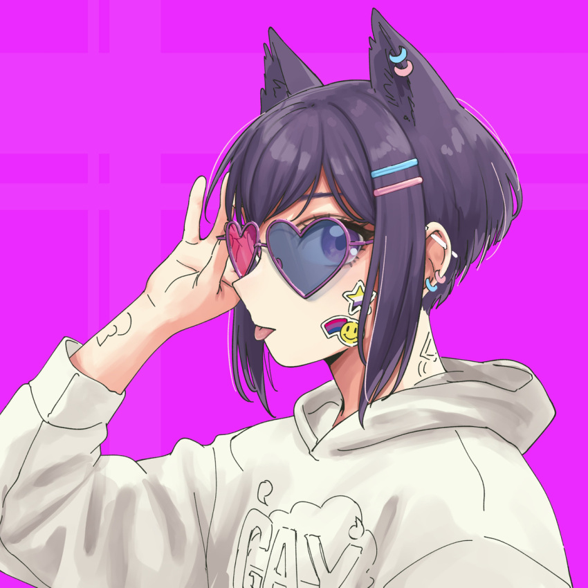 1other, androgynous, animal_ears, arm_tattoo, barbell_piercing, black_hair, blue-tinted_eyewear, cat_ears, earrings, extra_ears, hair_ears, heart, heart-shaped_eyewear, highres, hood, hood_down, hoodie, jewelry, lgbt_pride, multicolor-tinted_eyewear, non-binary, non-binary_flag, nonbinary, nyanbinary, original, pas'_black-haired_catperson, pas_(paxiti), piercing, purple-framed_eyewear, purple_background, red-tinted_eyewear, short_hair, solo, tattoo, tinted_eyewear, tongue, tongue_out, transgender, transgender_girl, transgender_woman, very_short_hair, violet_eyes