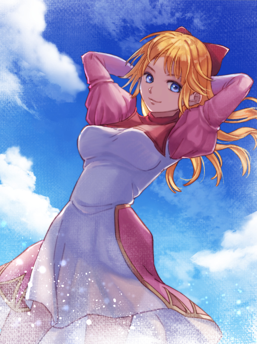 1girl, arms_behind_head, bangs, blonde_hair, blue_eyes, bow, breasts, chrono_cross, clouds, cloudy_sky, cowboy_shot, dress, hair_bow, highres, juliet_sleeves, kid_(chrono_cross), long_hair, long_sleeves, looking_at_viewer, medium_breasts, official_alternate_costume, outdoors, pink_bow, pink_dress, puffy_sleeves, sky, smile, solo, turtleneck, two-tone_dress, white_dress, yawaraka_bear
