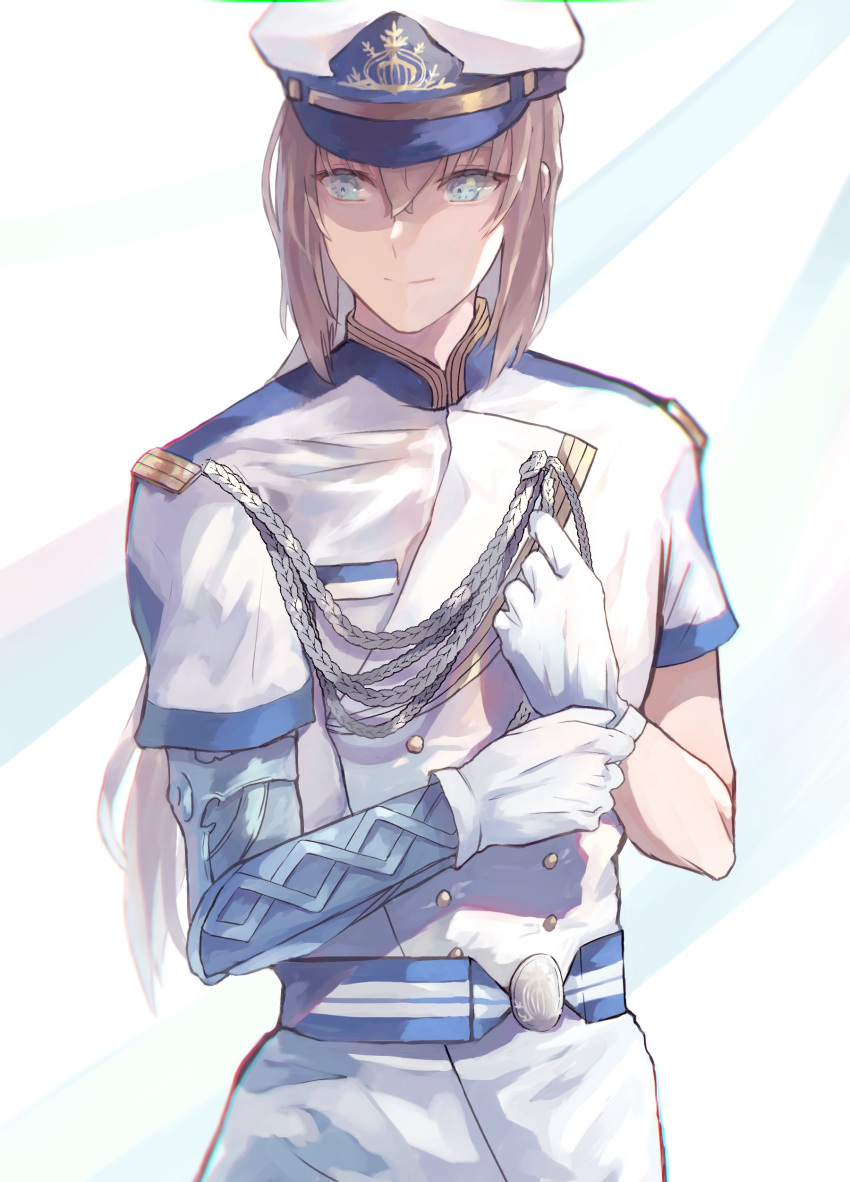 1boy, absurdres, adjusting_clothes, adjusting_gloves, aiguillette, airgetlam_(fate), aqua_eyes, bedivere_(fate)