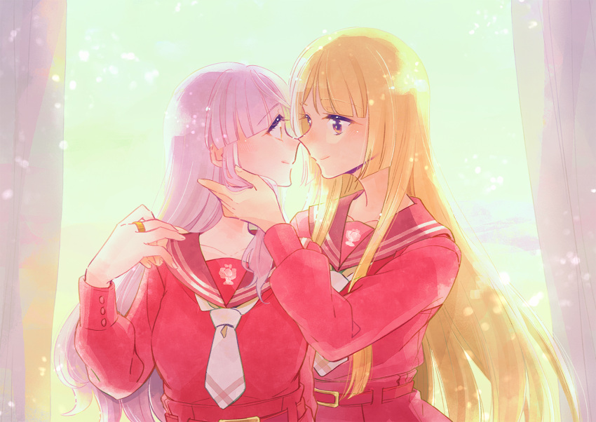 2girls, assault_lily, bangs, belt, belt_buckle, blonde_hair, blunt_bangs, breasts