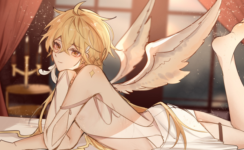 1boy, aether_(genshin_impact), ahoge, angel_wings, anklet, bangs, bed, bishounen
