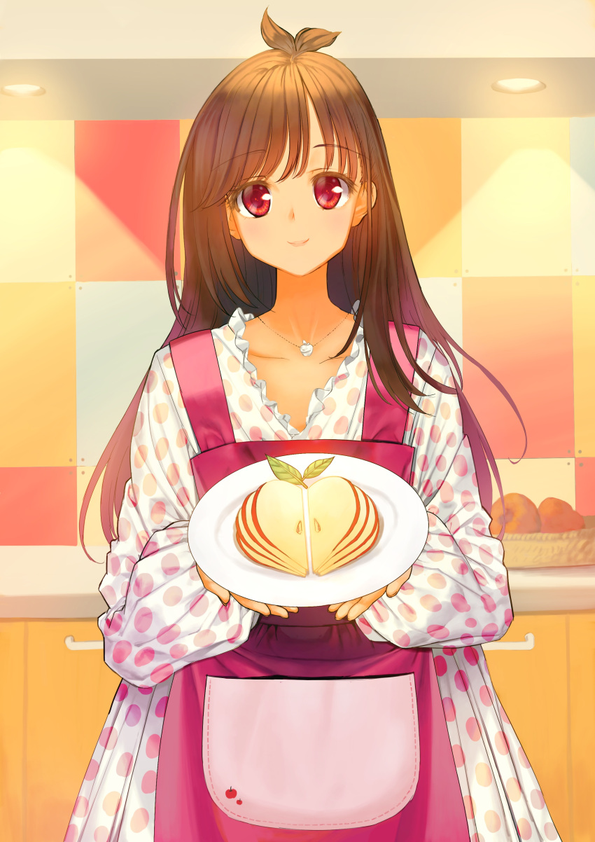 1girl, absurdres, alternate_costume, antenna_hair, apple, apron, brown_hair, collarbone