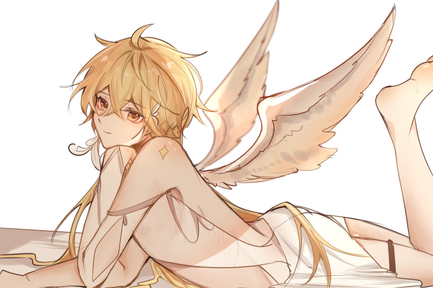 1boy, aether_(genshin_impact), ahoge, angel_wings, anklet, bangs, bed, bishounen