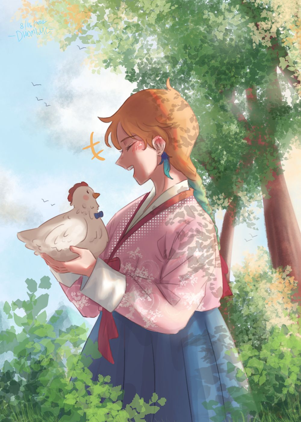 1girl, alternate_costume, alternate_hairstyle, bird, braid, chicken, day, dhominic25