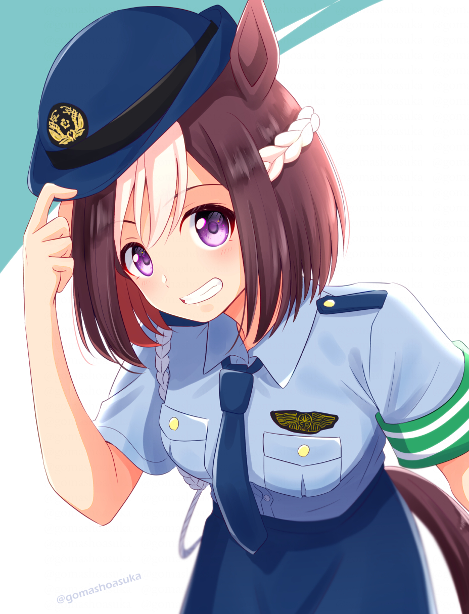 1girl, adjusting_clothes, adjusting_headwear, animal_ears, armband, bangs, blue_headwear, blue_necktie