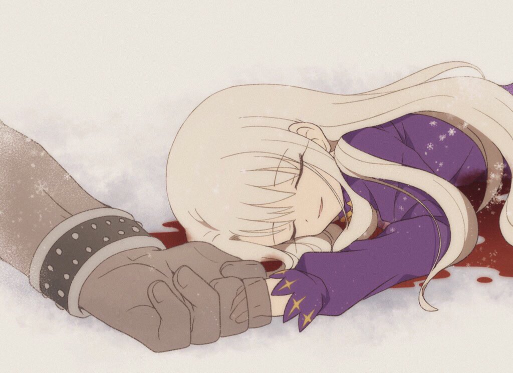 1boy, 1girl, blood, bracelet, closed_eyes, death, fate/stay_night, fate_(series)