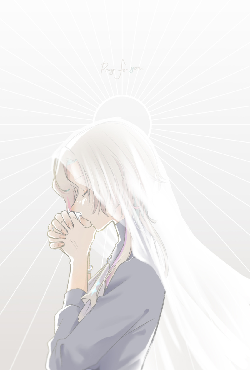 1boy, ascot, background_text, bracelet, closed_eyes, english_text, fingernails, from_side