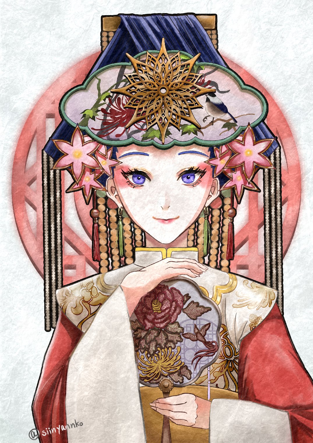 1girl, blue_eyes, blue_hair, chinese_clothes, earrings, eyeshadow, flower, hand_fan