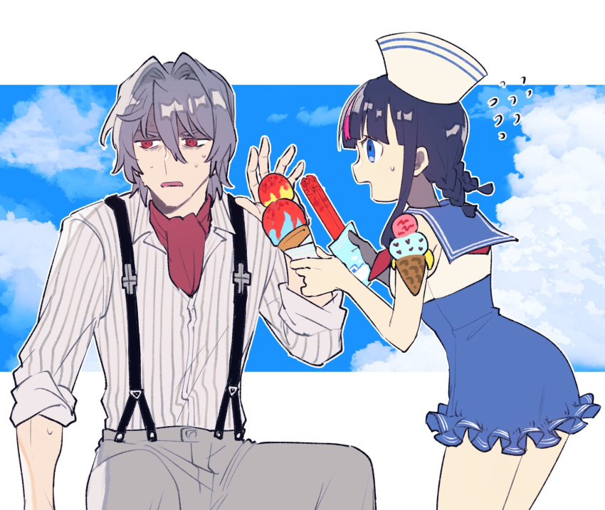 1boy, 1girl, antonio_salieri_(fate), antonio_salieri_(second_ascension)_(fate), black_hair, blue_eyes, braid, dress