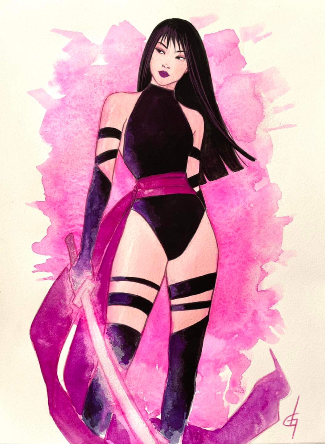 1girl, black_eyes, black_hair, dijana_granov, eyeshadow, highres, katana, leotard, lipstick, long_hair, makeup, marvel, non-web_source, psylocke, purple_lips, solo, sword, weapon, x-men