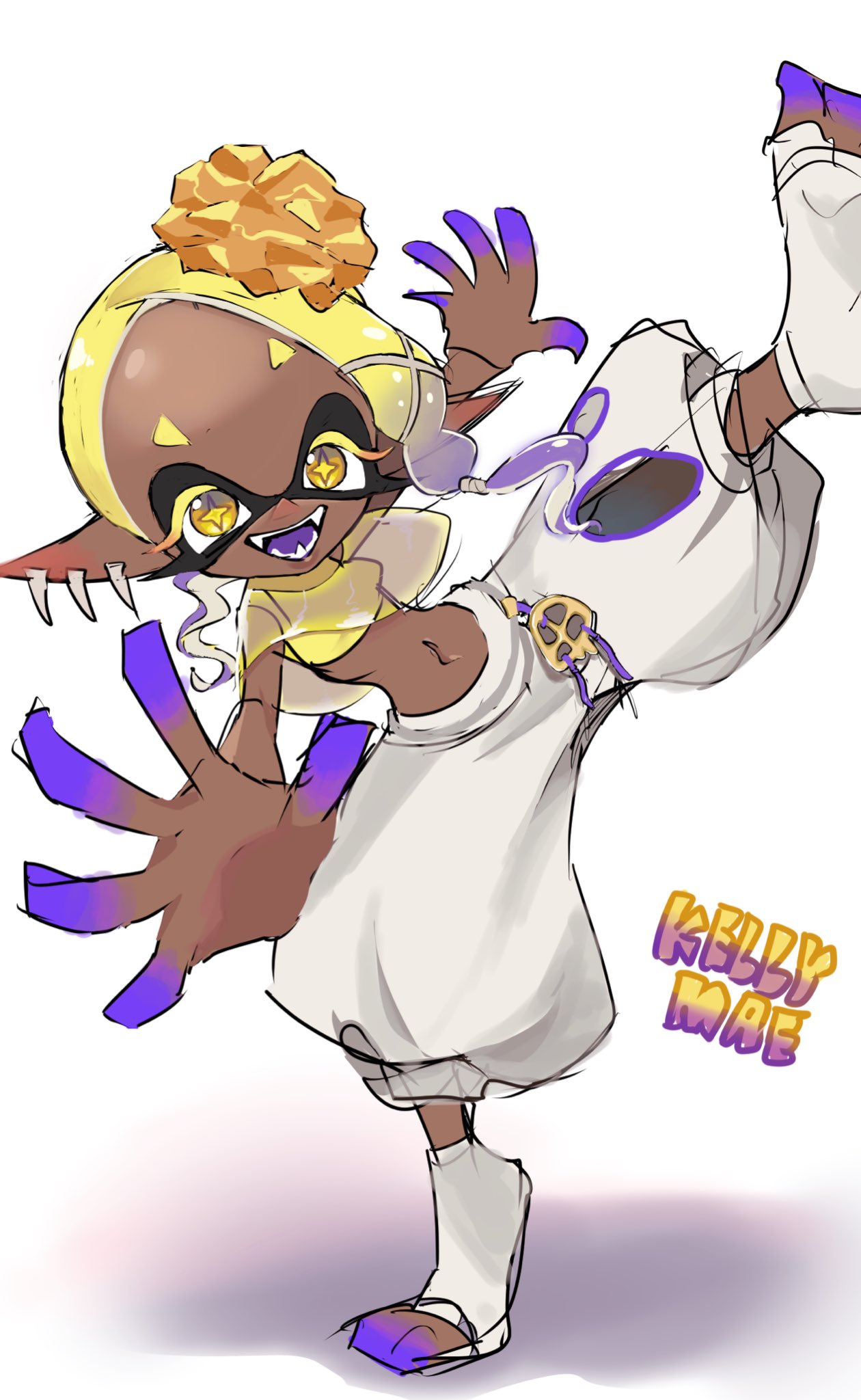 1girl, :d, artist_name, blonde_hair, clothing_cutout, colored_eyelashes, colored_skin, colored_tongue