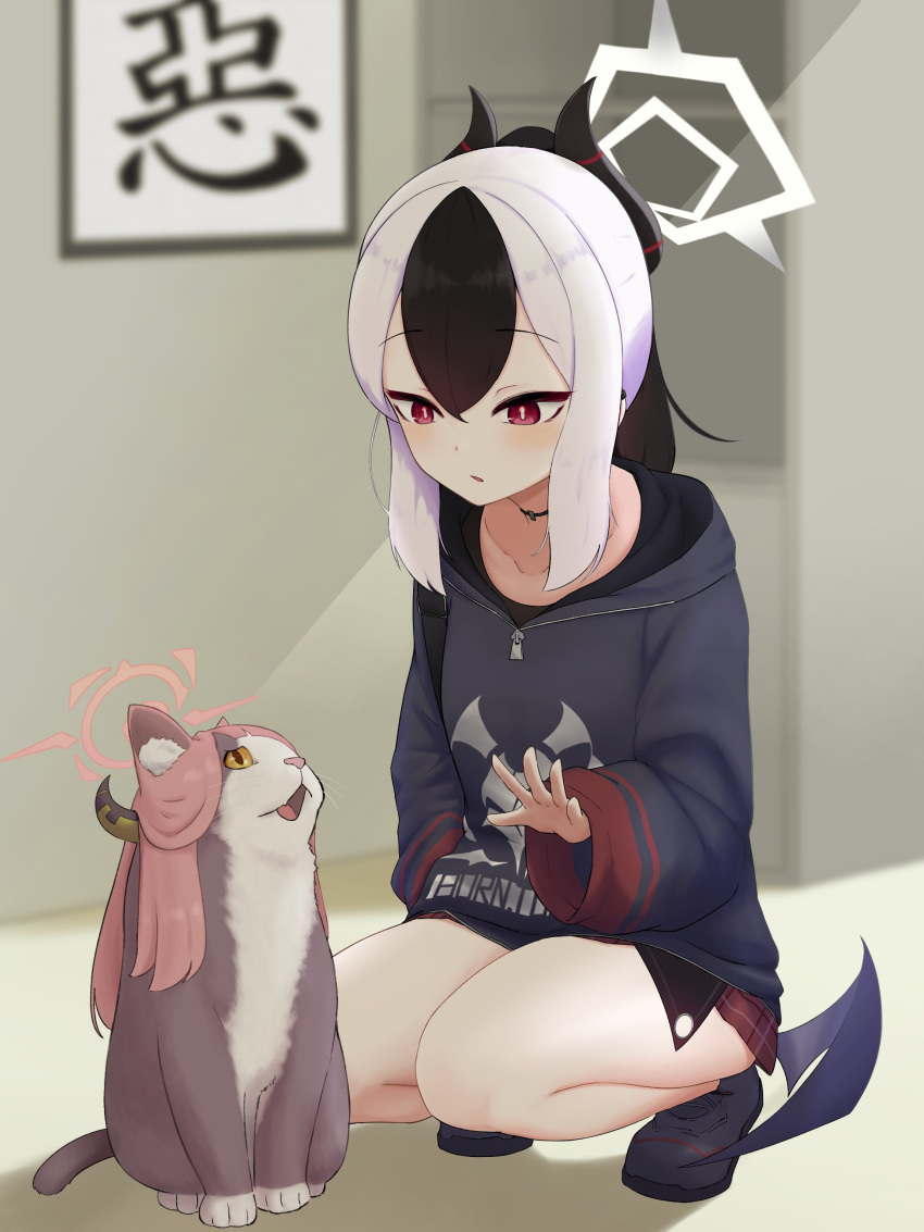 1girl, absurdres, animal_ear_fluff, aru_(blue_archive), bangs, black_footwear, black_hair, black_hoodie, blue_archive, cat, choker, collarbone, demon_horns, demon_wings, earclip, halo, highres, hood, hoodie, horns, kayoko_(blue_archive), low_wings, medium_hair, miniskirt, multicolored_hair, pink_hair, plaid, plaid_skirt, pleated_skirt, ponytail, red_eyes, red_skirt, shiroiurushi, single_wing, skirt, squatting, two-tone_hair, white_hair, wings, yellow_eyes