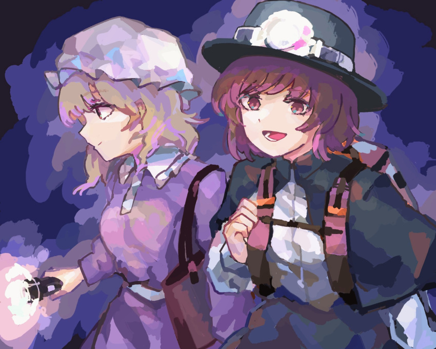 2girls, backpack, bag, black_capelet, black_headwear, black_skirt, blonde_hair, breasts, brown_hair, capelet, cave, commentary_request, dress, fedora, flashlight, hat, highres, holding, holding_flashlight, long_sleeves, maribel_hearn, mob_cap, multiple_girls, open_mouth, purple_dress, sash, shirt, short_hair, shoulder_bag, skirt, small_breasts, touhou, usami_renko, wasabisuke, white_headwear, white_sash, white_shirt, yellow_eyes