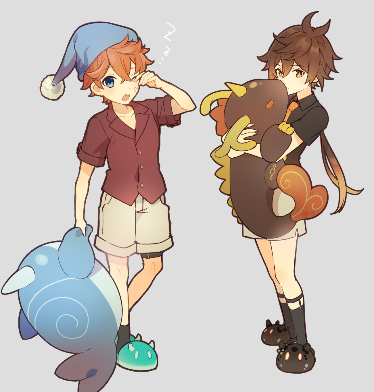 2boys, aqua_footwear, bangs, black_shirt, black_socks, blue_eyes, blue_headwear, blush
