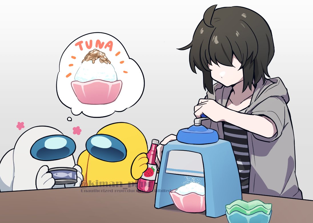 3others, ahoge, ambiguous_gender, among_us, bottle, bowl, brown_hair, can