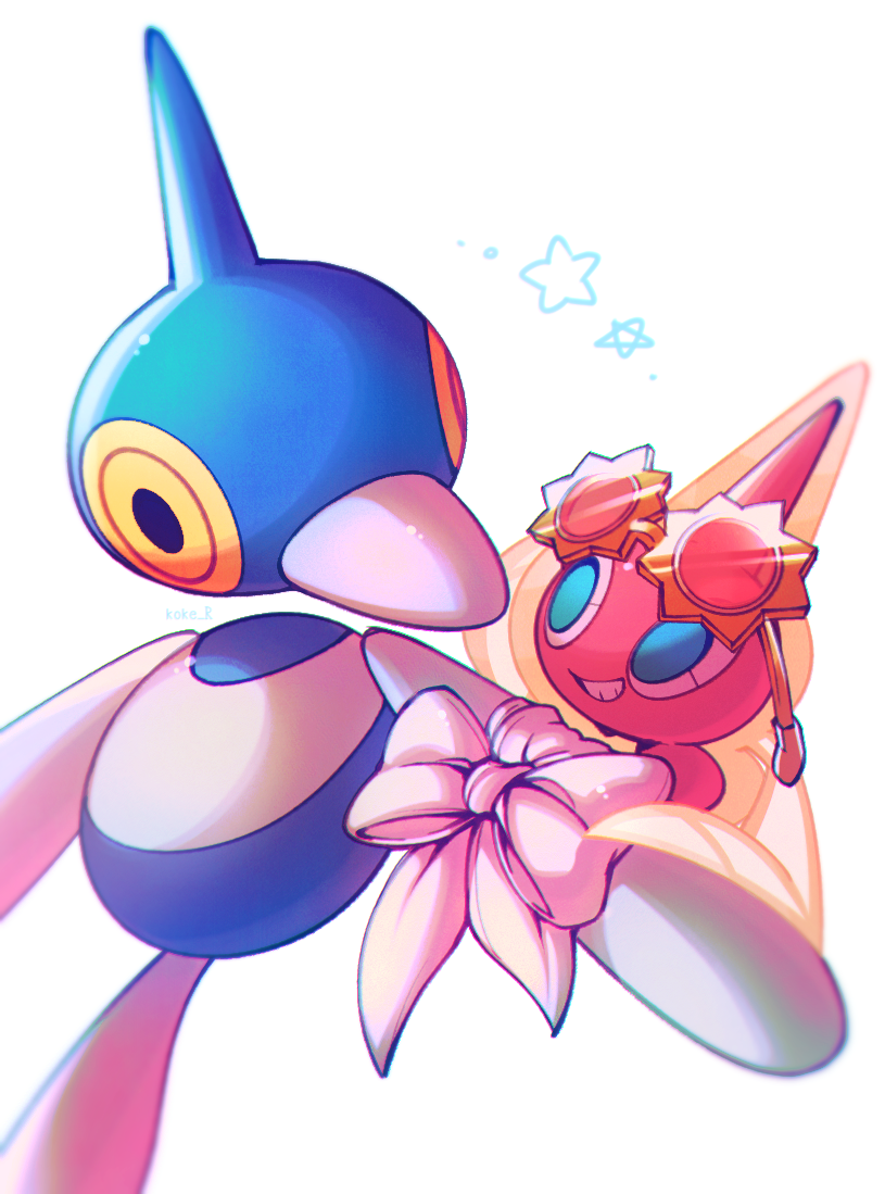 blue_eyes, choice_specs, commentary_request, grin, kokemushi_(kuru_fox), no_humans, pokemon, pokemon_(creature)