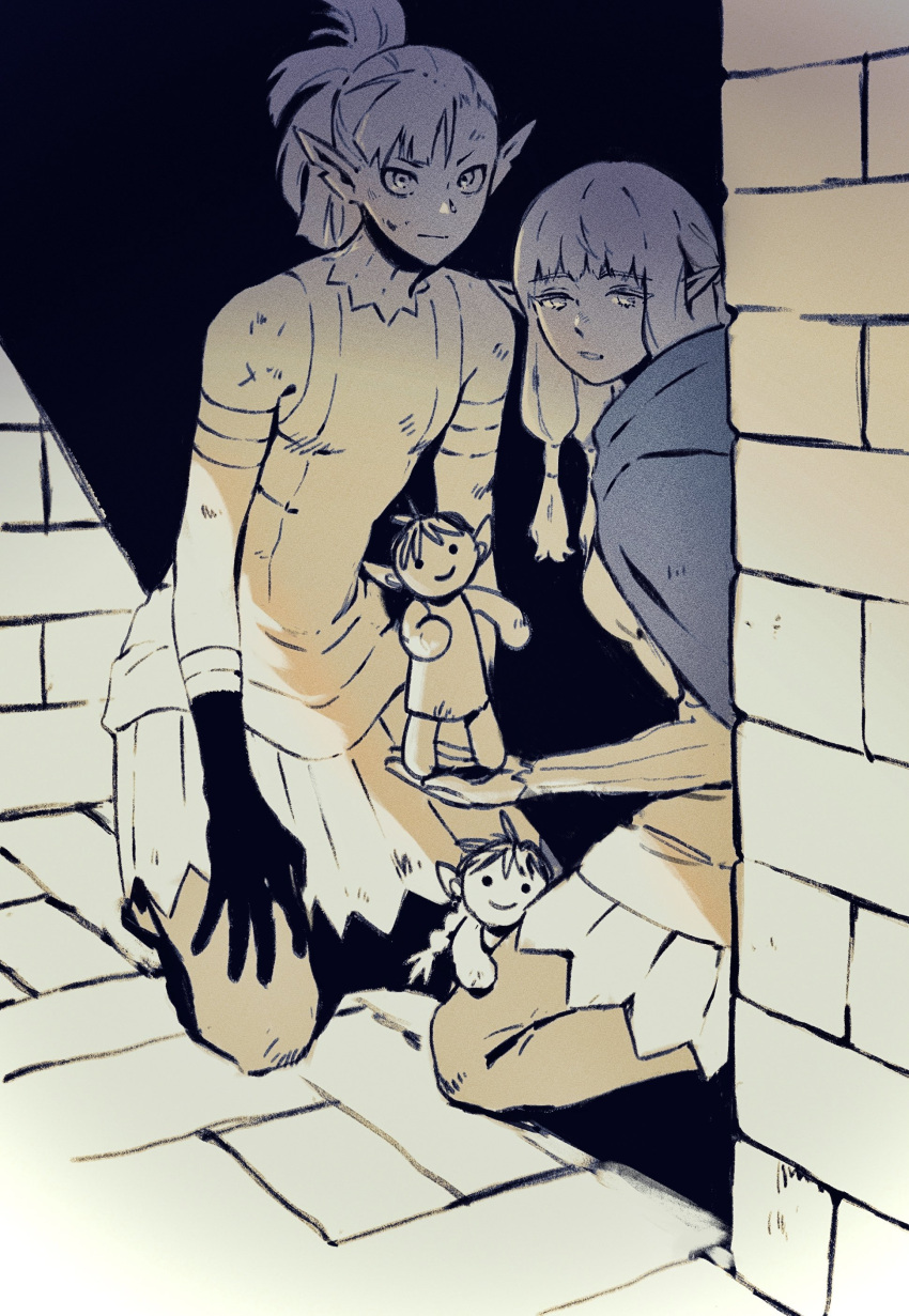 1boy, 1girl, absurdres, animate_object, bandaged_arm, bandages, bangs, boots, breasts, brick_wall, bruise, bruise_on_face, burakku_mutou, cloak, doll, dungeon_meshi, elf, gloves, gorget, hair_tubes, helki_(dungeon_meshi), hiding, highres, injury, kneehighs, long_hair, long_sleeves, looking_at_viewer, low-tied_long_hair, milsiril_(dungeon_meshi), monochrome, notched_ear, pointy_ears, ponytail, robe, scratches, sidelocks, sleeveless, socks, thigh_boots