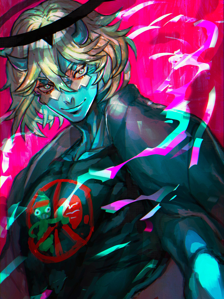 1boy, absurdres, black_gloves, black_shirt, blonde_hair, blue_horns, blue_skin, colored_skin