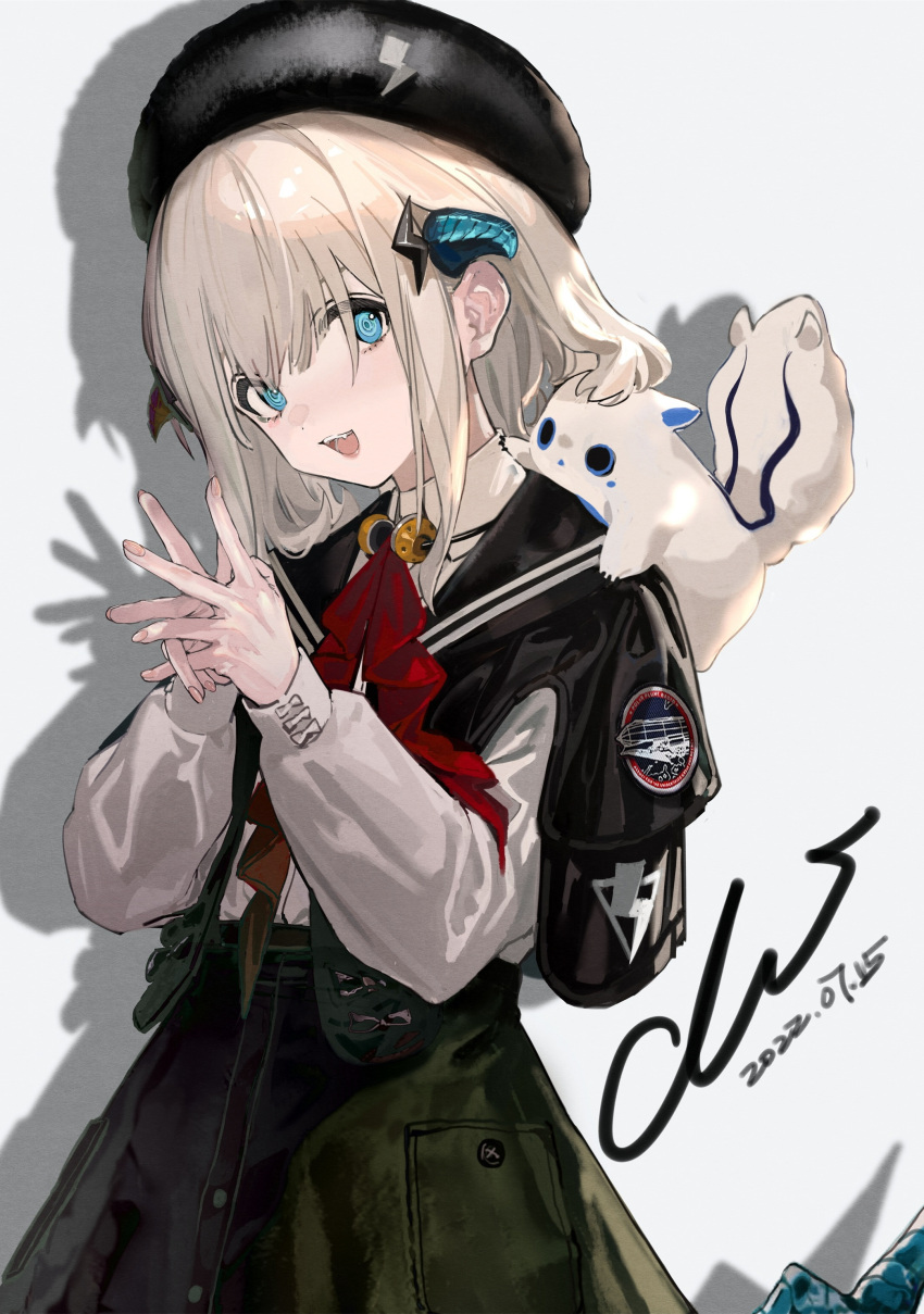 1girl, :d, absurdres, animal_on_shoulder, bangs, beret, black_headwear, black_sailor_collar, black_skirt, blue_eyes, blue_horns, dated, fangs, hair_ornament, hands_up, hat, head_tilt, highres, horns, jabot, lightning_bolt_hair_ornament, lightning_bolt_symbol, looking_at_viewer, mist_sequence, own_hands_clasped, own_hands_together, sailor_collar, school_uniform, serafuku, short_hair, sidelocks, signature, skirt, smile, solo, teeth, upper_body, upper_teeth, white_background, white_hair, white_serafuku, xiao_chichi