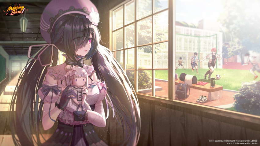 1girl, 4boys, adidas, backpack, backpack_removed, bag, ball, bandaged_arm