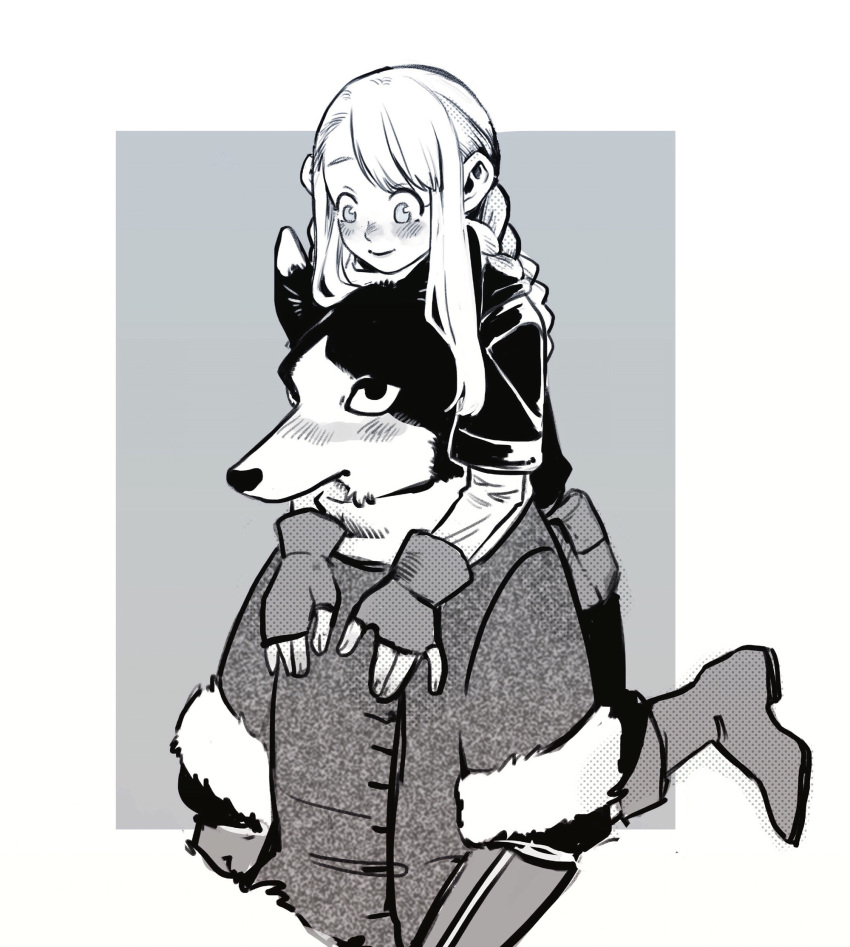 2girls, alternate_race, arm_guards, bangs, blush, boots, braid, braided_ponytail