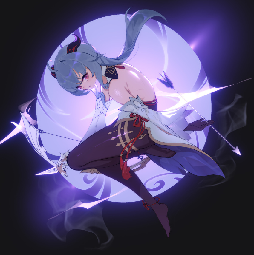 1girl, absurdres, ahoge, amos'_bow_(genshin_impact), back, backless_outfit, bangs, black_gloves